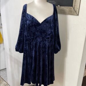 Elegant Blue Floral Velvet Dress - 3X